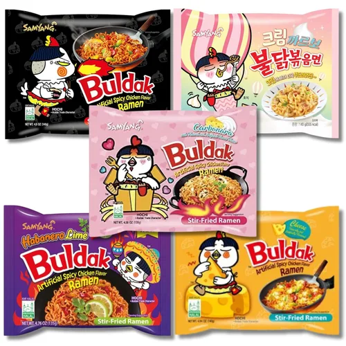 Buldak Ramen Fideos de 5 sabores surtidos - Original, 2 x picantes, queso, carbonara, jajang - Total 5 unidades (1 paquete cada uno) - Fideos ramen