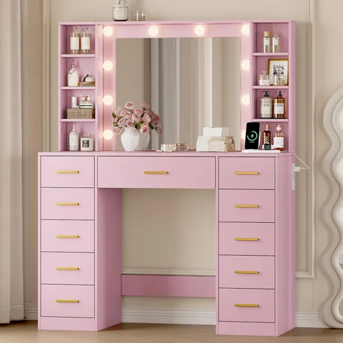 Miniatura 20 de Escritorio de maquillaje con espejo y luces, tocador negro de 43 pulgadas con parte superior de cristal, almacenamiento de joyas, 3 cajones