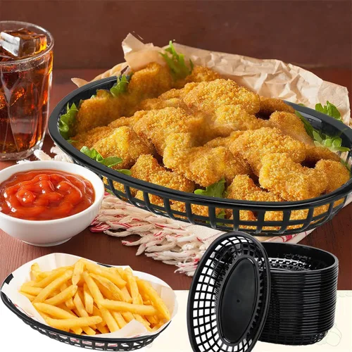 Miniatura 6 de Paquete de 50 cestas de plástico negro para alimentos de 9 x 5.7 pulgadas, ovaladas para freír comida rápida, cestas de plástico para perros