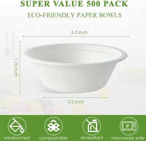 Miniatura 3 de Vplus Paquete de 500 Tazones de Papel de 12 OZ a Granel, Desechables Compostables, Bagazo Ecológico, Tazones Extra Resistentes Perfectos para 500