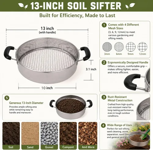 Miniatura 5 de Tamiz de suelo multiusos con mango Incluye 4 mallas intercambiables Ideal para tamizar suelo, rocas, compost y desechos