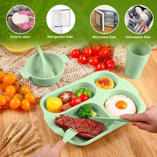 Miniatura 3 de 24 piezas de vajilla de paja de trigo con juego de cubiertos para adultos, incluyendo platos divididos, aptos para microondas y lavavajillas