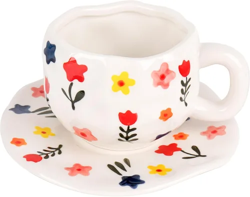 Miniatura 10 de Juego de taza de café y platillo de cerámica, cerámica hecha a mano de 10 onzas con patrón de nube blanca, pequeña taza de regalo para expreso, Azul