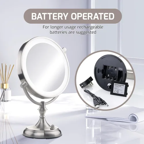 Miniatura 8 de OVENTE Espejo de maquillaje de mesa iluminado de 9 pulgadas con aumento 1X/5X, espejo de tocador de aumento de doble cara con luces LED regulables