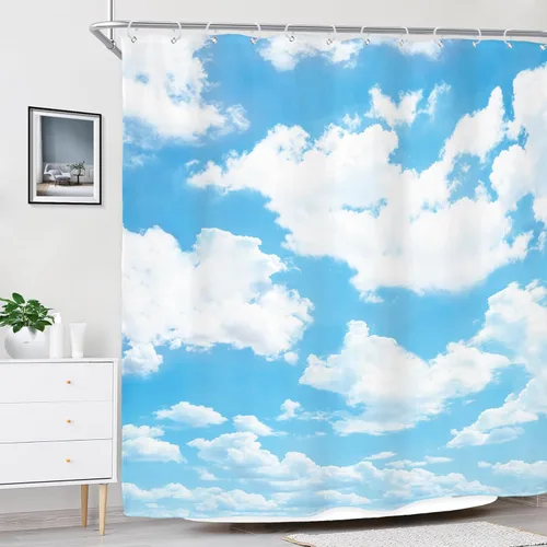 Miniatura 3 de Riyidecor Cortina de ducha con diseño de nube blanca y cielo azul, paisaje natural, tela impermeable de 72 x 72 pulgadas, decoración de bañera