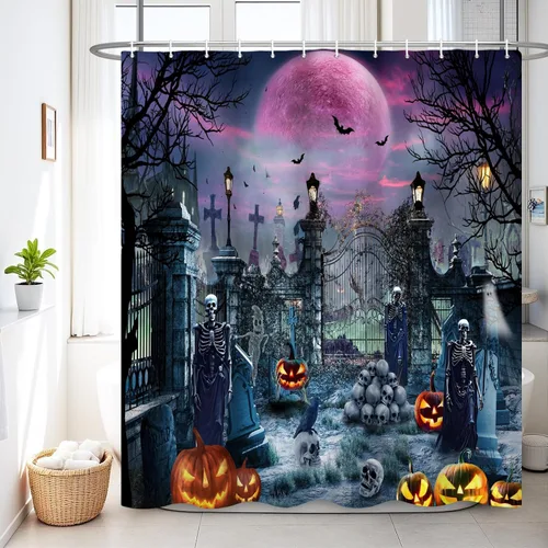 Miniatura 12 de Renaiss Cortina de ducha de Halloween de 60 x 72 pulgadas para decoración de Halloween, divertido esqueleto para el hogar, espeluznante calabaza