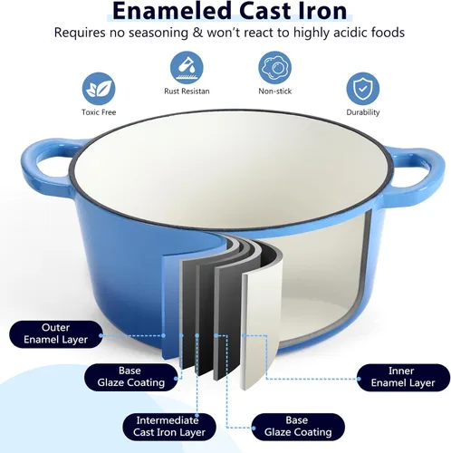 Miniatura 3 de E-far Horno holandés de hierro fundido esmaltado de 6 cuartos con tapa, olla redonda holandesa antiadherente para estofar, guisos, asar, hornear Azul