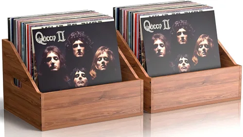Paquete de 2 cajas de almacenamiento de discos de vinilo de madera, caja de vinilo retro y duradera, caja de almacenamiento de discos para más de