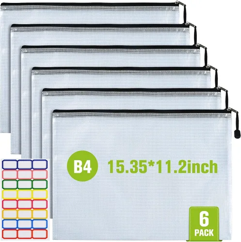 Bolsa de malla con cremallera, 6 bolsas de malla de plástico impermeable con cremallera, bolsa de documentos de tamaño B4, bolsas extra grandes con