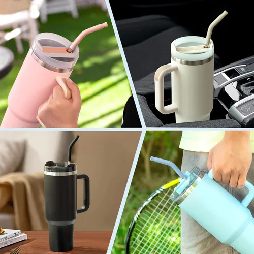 Miniatura 4 de Pajitas de metal rectas para vaso Stanley de 40 onzas, paquete de 3 popotes reutilizables de acero inoxidable con puntas de silicona y cepillo Negro