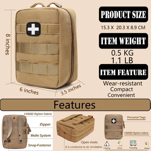 Miniatura 6 de Bolsa de primeros auxilios EMT médica IFAK, bolsa táctica Molle de emergencia y trauma para camping, hogar, coche, senderismo, caza (Marrón)