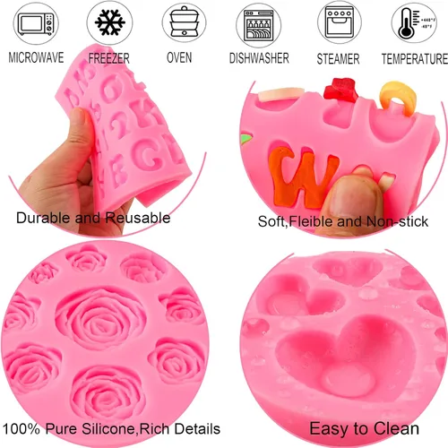 Miniatura 4 de Moldes de letras del alfabeto, 5 piezas de letras y números, forma de corazón, flores, molde de silicona para fondant de chocolate, arcilla