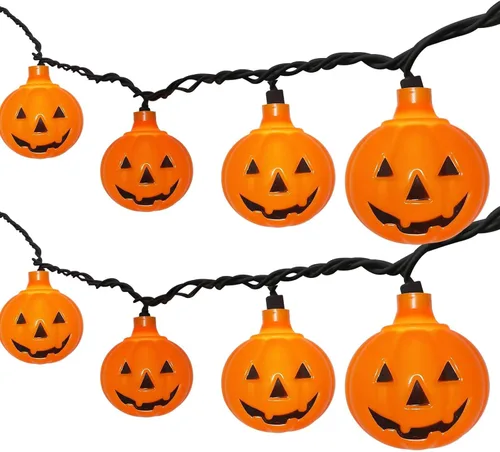 Miniatura 14 de Luces LED de calabaza de Halloween para exteriores, 8.5 pies, luces decorativas de Halloween con 10 luces LED transparentes de calabaza naranja