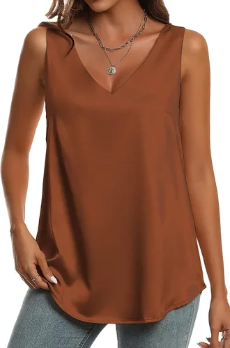Miniatura 8 de KYLELOVE Camisetas sin mangas de satén para mujer, de doble capa, sin mangas, cuello en V, camisas de trabajo