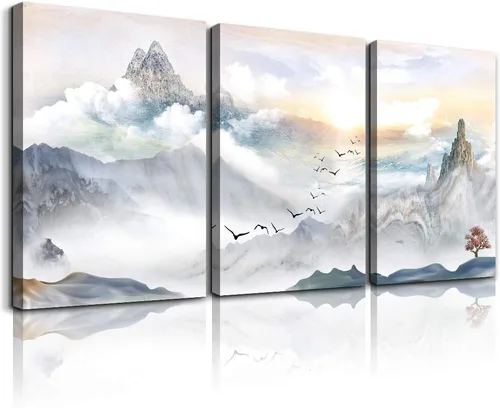 Miniatura 20 de Arte de pared para sala de estar, blanco y negro, árbol azul, luna, lienzo para decoración de pared para el hogar, obra de arte enorme, pintura