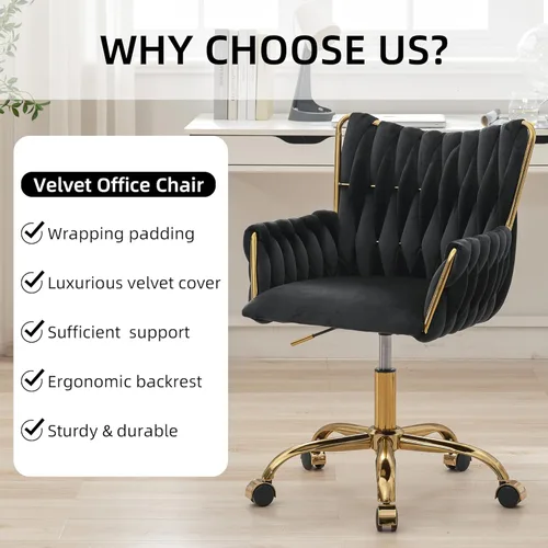 Miniatura 5 de Westice Silla de escritorio de terciopelo, cómoda silla dorada para oficina en casa con respaldo alto tejido a mano, silla giratoria de altura Negro