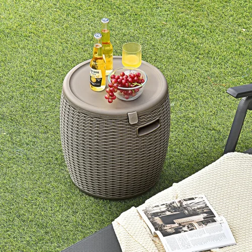 Miniatura 2 de Giantex Enfriador de hielo de 9.5 galones, baúl redondo de mimbre, cubo de hielo para vino de cerveza al aire libre, tapa superior, asas laterales