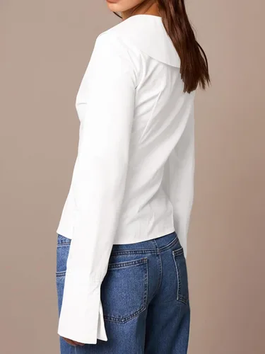 Miniatura 4 de Camisa de manga larga con botones para mujer, elegante blusa con cuello redondo y cintura ceñida, casual y para la oficina