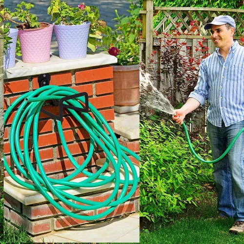Miniatura 5 de Paquete de 2 soportes de pared para manguera de jardín, colgador de metal con revestimiento protector, gancho de agua para patio exterior, se adapta