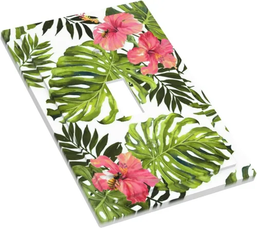 Miniatura 3 de Cubierta de placa de pared con palmera verde de planta tropical, cubierta de interruptor de luz de 1 cuadrilla, hojas de plátano, flores rosas