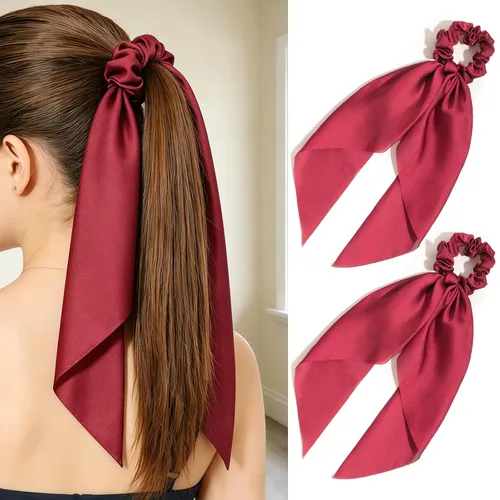 Miniatura 21 de Coleteros para el cabello para mujer, bufanda LFOUVRE Scrunchies, 2 piezas de bufandas anudadas para niñas, bufanda de satén sedoso, banda elástica