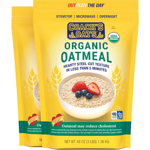 COACH'S OATS Avena orgánica de grano entero (48 oz) Paquete de 2 | Triturada y tostada | Textura de copos de avena cortados, cocción rápida |