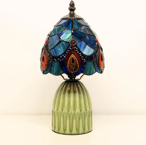 Miniatura 8 de Tiffany Stained Glass Mushroom Table Lamp 12.5 Inch -Blue Peacock Tiffany Lamp,6X6X12.5 Inch,Small Night Light,Ceramic Base, Mini Accent Light