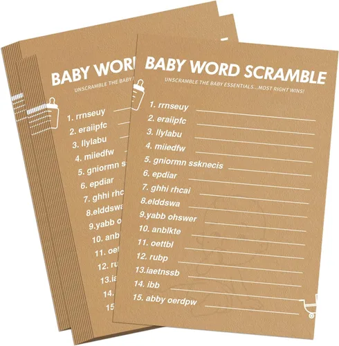 Juegos de Baby Shower - Juego de Palabras Revueltas para Baby Shower, 50 Tarjetas para Cada Juego (con Respuesta), Papel Grueso, Divertidísimos, Los