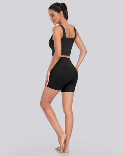 Miniatura 5 de CHRLEISURE - 6 paquetes de pantalones cortos de mujer estilo biker con bolsillo, pantalones cortos de elastano de control de abdomen de 5 pulgadas