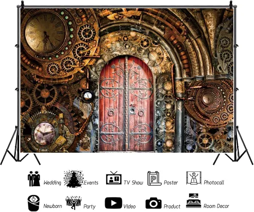 Miniatura 2 de YongFoto Telón de fondo retro steampunk de 5 x 3 pies, estilo vintage, metálico, mecánico, bronce, mecánico, engranajes, puerta de metal