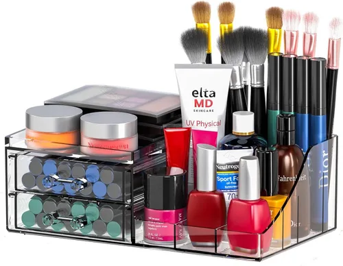 Organizador de maquillaje pequeño de acrílico con cajones, organizador de cuidado de la piel transparente para tocador, cómoda, encimera de baño,