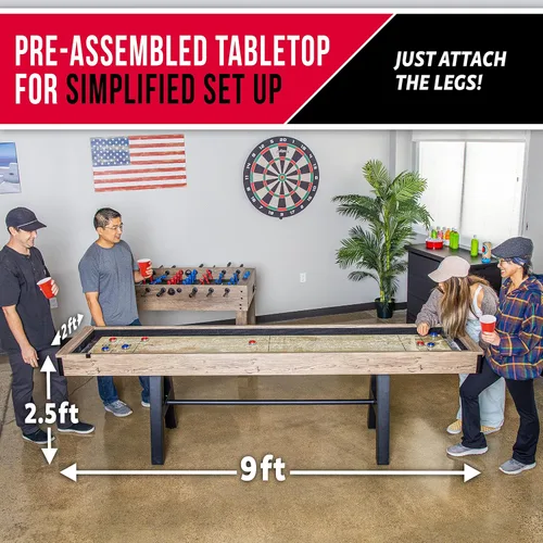 Miniatura 5 de GoSports Mesa de tejo premium de 9 pies con 8 discos, cera para shuffleboard y cepillo