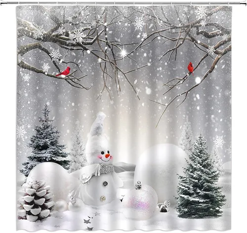 Miniatura 6 de Juego de 4 cortinas de ducha de muñeco de nieve con alfombra, diseño de árbol de pinos de invierno, lindo muñeco de nieve azul, juego de baño