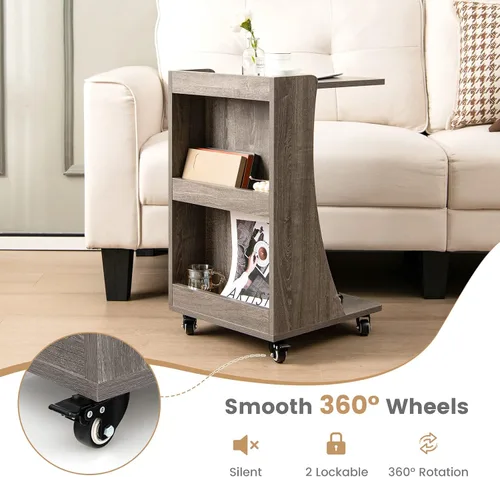 Miniatura 5 de Tangkula Mesa auxiliar en forma de C, mesa auxiliar pequeña para sofá/sofá, mesa auxiliar con compartimento trasero de 3 niveles, ruedas con frenos