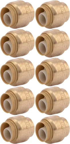 SharkBite Tapón de empuje de 1/2 pulgada, paquete de 10, accesorios de plomería de latón para conectar, tubo PEX, cobre, CPVC, PE-RT, HDPE, U514LFCP