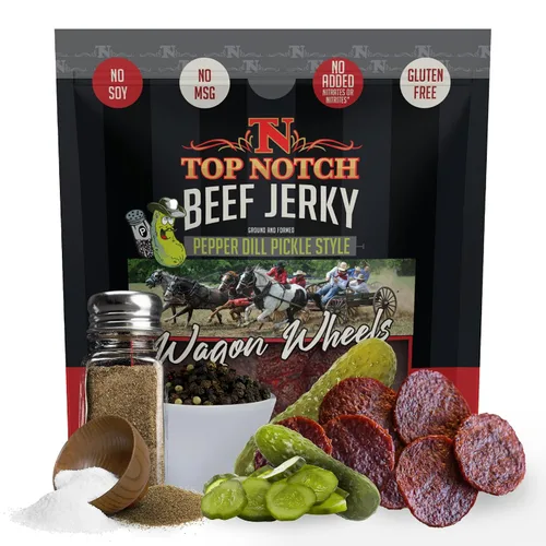 Miniatura 24 de Top Notch Wagon Wheels Jerky – Snacks altos en proteínas para niños y adultos hechos de carne de res criada localmente – Rondas sabrosas de carne