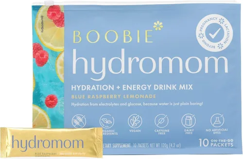 Boobie Hydromom Superfood - Mezcla de bebida con electrolitos, limonada de frambuesa azul, energía refrescante e hidratación para mamás, esenciales