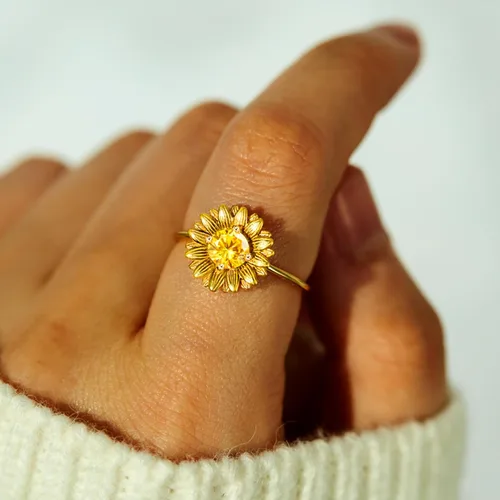 Miniatura 2 de STORYJEWELLERY Anillo de girasol, anillos chapados en oro de 18 quilates para mujer, anillo de flores, anillos de verano, joyería de girasol