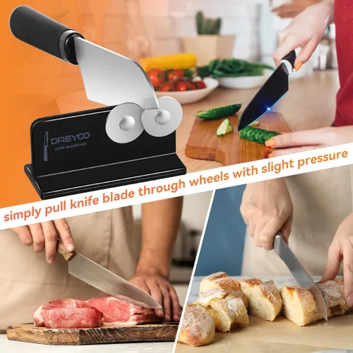 Miniatura 7 de Dreyoo Afilador de cuchillos de borde puntiagudo, ruedas de acero inoxidable de doble cara, afilador de cuchillos de cabeza ancha para cuchillos