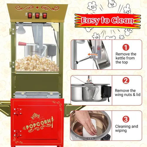Miniatura 4 de Máquina de palomitas de maíz vintage con carro, hervidor de acero inoxidable de 12 onzas y luz de calentamiento, regalos de Navidad, regalos de cine