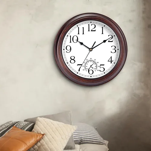 Miniatura 8 de KECYET Reloj de pared para exteriores de 12 pulgadas con termómetros, reloj de pared silencioso vintage que funciona con pilas, reloj retro sin