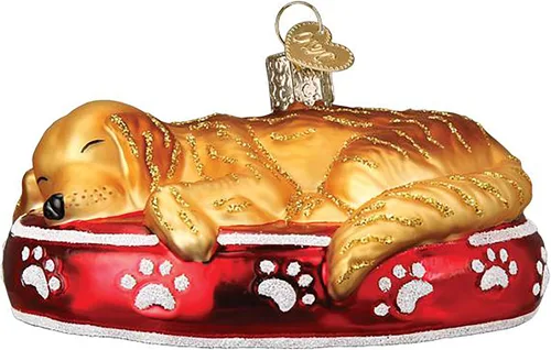 Old World Christmas Sleepy Golden Retriever - Adorno de cristal soplado para árbol de Navidad, decoración navideña hecha a mano, colección de perros