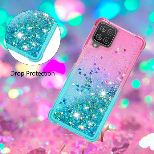 Miniatura 4 de Funda para Galaxy A12 con protector de pantalla de vidrio templado, con purpurina flotante líquida y brillante para mujeres y niñas, silicona TPU