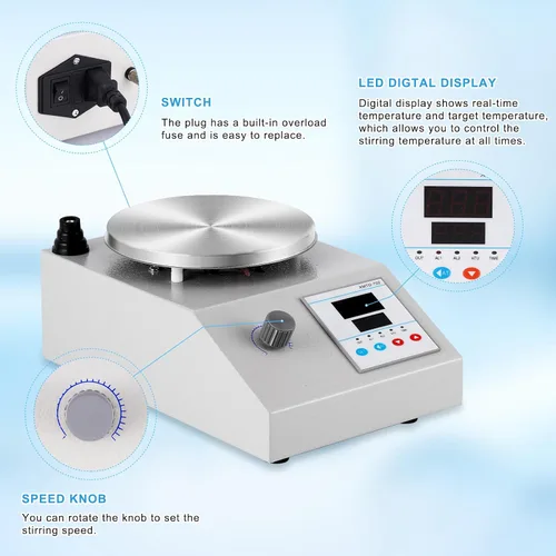 Miniatura 4 de Agitador magnético placa caliente cámara de agitación de 5.9 pulgadas, temperatura máxima de 2400 rpm y 482 ℉, mezclador magnético con barra