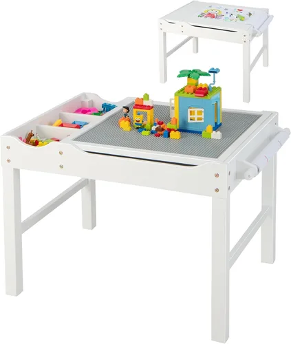 Miniatura 11 de HONEY JOY Mesa para niños, mesa de actividades de madera 2 en 1 con rollo de papel, mesa de bloques de construcción convertible, 3 compartimentos