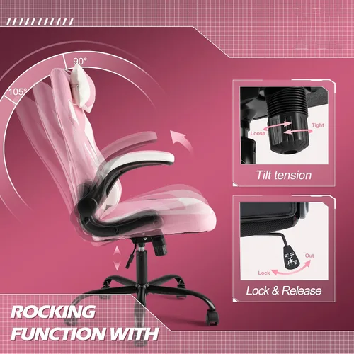 Miniatura 5 de Silla ergonómica de escritorio para juegos de computadora, piel sintética con soporte lumbar ajustable y reposacabezas, reposabrazos abatibles