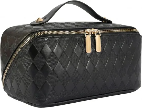 Miniatura 16 de Bolsa de cosméticos de viaje de gran capacidad - Bolsas de maquillaje portátiles para mujeres, impermeable, de cuero PU a cuadros, con organizador