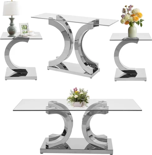 Miniatura 33 de SSLine Mesa auxiliar de cristal de lujo para sala de estar, mesa auxiliar moderna dorada con base de pedestal de acero inoxidable en forma de flor