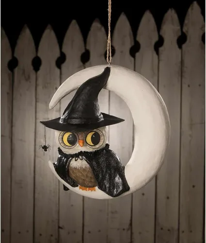 Miniatura 3 de Bethany Lowe Figura de papel maché de búho brujo, en la luna