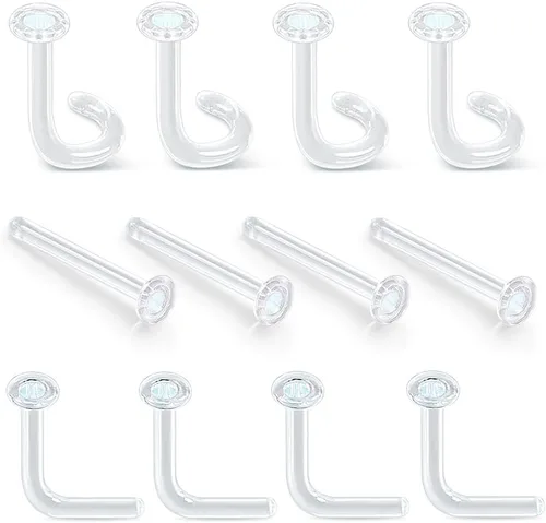 Miniatura 7 de Juego de 12 retenedores de cristal con parte superior plana de 16 G y 18 G, 3 formas clásicas para nariz, oreja, labio, tragus, hélice, cartílago, 5